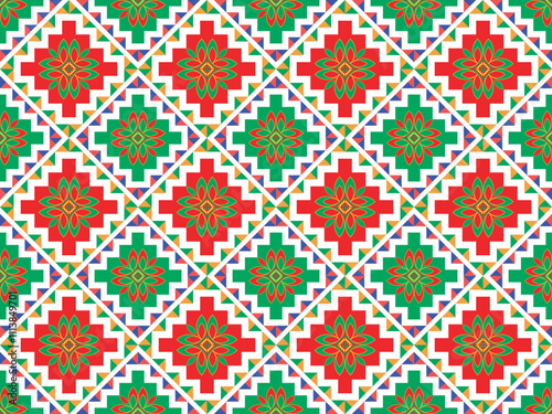 Hmong ethnic fabric pattern designed in the style of white Hmong, green and red.