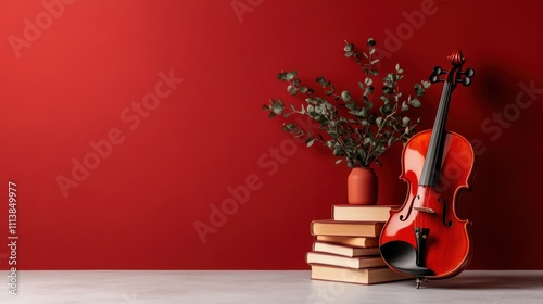 A striking violin placed on a stack of books sits elegantly against a rich red background accompanied by a vase of flowers, exuding sophistication and artful calm. photo