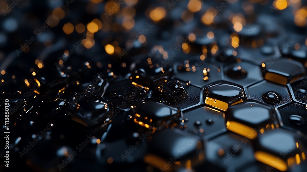 Dark Hexagonal Surface With Liquid Droplets And Glowing Lights Dark Hexagonal Surface With Liquid Droplets And Glowing Lights
