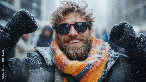 A man with a lively scarf and sunglasses revels in the snowy city scene, arms raised in excitement, illustrating a moment of pure joy amidst bustling urbanity. photo