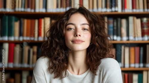 A curly-haired woman smiles gently against a wall lined with books, evoking joy, contentment, and a love for literature in a warm, inviting setting.