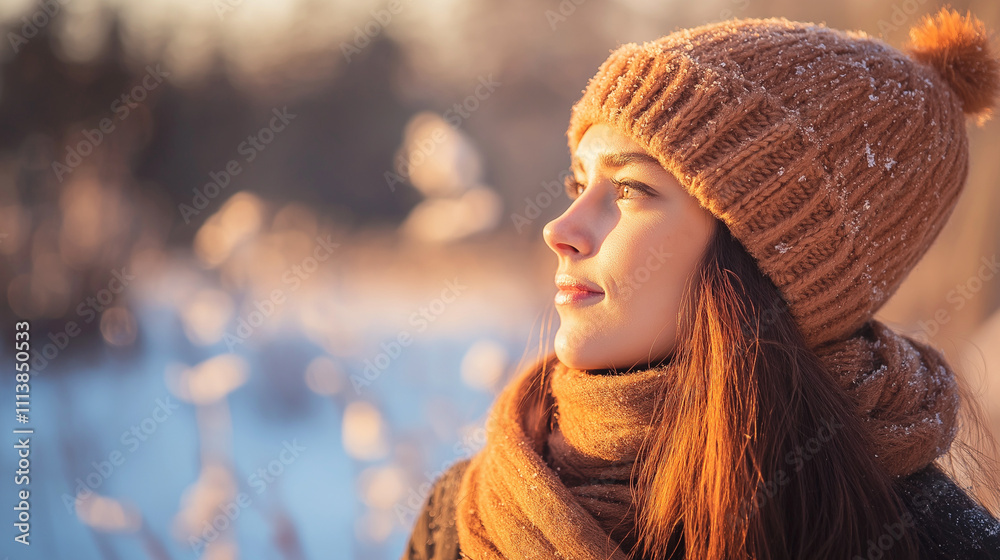 Young woman gazing into golden winter sunset wearing warm knit hat and scarf Young woman gazing into golden winter sunset wearing warm knit hat and scarf