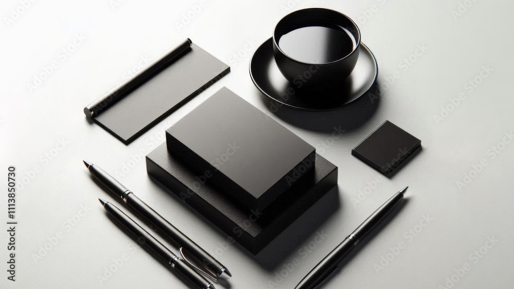 Corporate stationery set black mockup, cup of tea or coffee and business cards on white background. ideal for networking, corporate branding and marketing purposes Corporate stationery set black mockup, cup of tea or coffee and business cards on white background. ideal for networking, corporate branding and marketing purposes