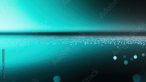 A smooth, shiny surface showcasing a vibrant turquoise gradient that shifts to black, embellished with tiny dust particles. The reflections create a mesmerizing interplay of colors and textures. photo