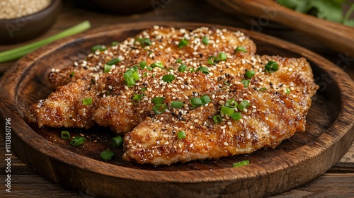 Crispy sesame chicken served on a rustic wooden plate, garnished with spring onions and sesame seeds