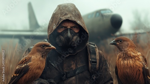 A mysterious figure in a hood and gas mask stands with two birds against the backdrop of a desolate landscape, conveying themes of survival and isolation. photo