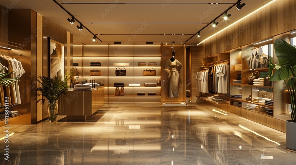 Luxurious Boutique Interior with Warm Lighting, Clothing, and Accessories Luxurious Boutique Interior with Warm Lighting, Clothing, and Accessories