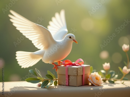 White dove delivering a gift box with pink ribbon, symbol of peace and love photo