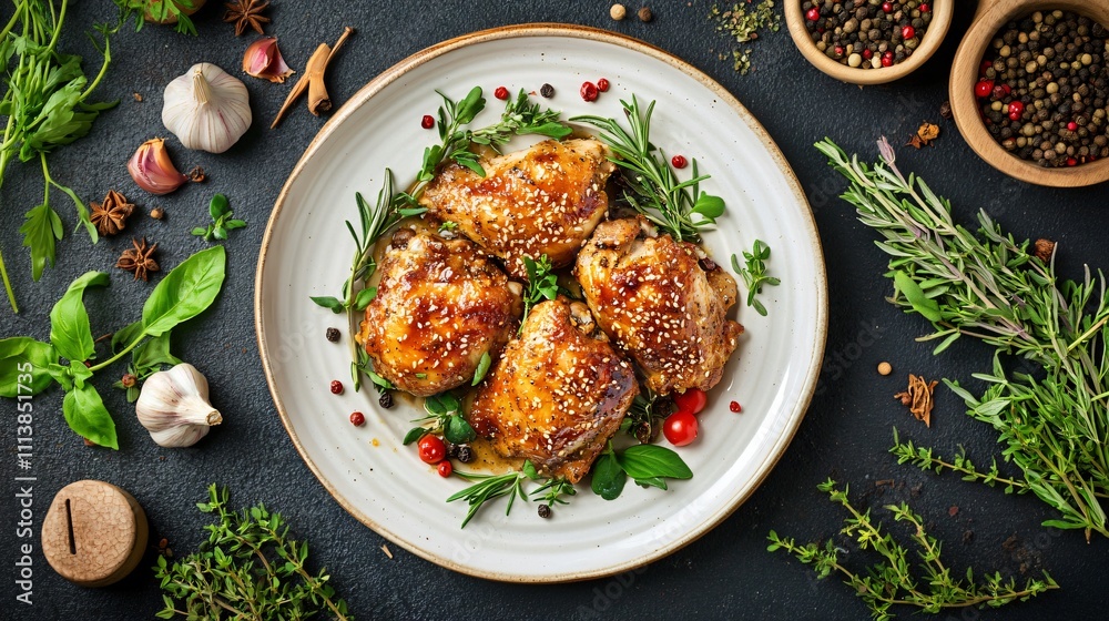 Flat lay of sesame chicken served on a white ceramic plate, surrounded by decorative herbs and spices Flat lay of sesame chicken served on a white ceramic plate, surrounded by decorative herbs and spices