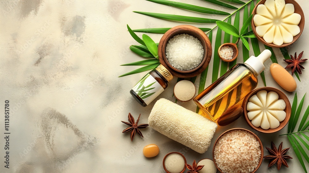 Exotic cosmetic products composition flat lay background image. Tropical spa resort treatment photo backdrop wallpaper realistic. Enjoying self care concept photorealistic Exotic cosmetic products composition flat lay background image. Tropical spa resort treatment photo backdrop wallpaper realistic. Enjoying self care concept photorealistic