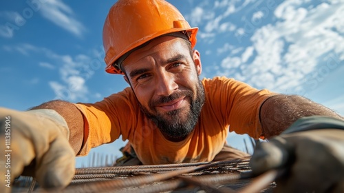 A cheerful construction worker dons an orange hard hat while securing steel rebar on site against a bright blue sky, representing diligence and building foundations. photo