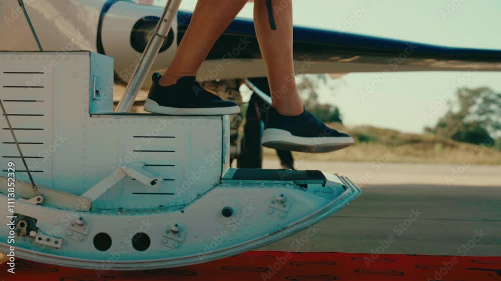 Walking down stairs of private plane onto red carpet, close up tracking shot of man with backpack flying and exiting aircraft in 4k