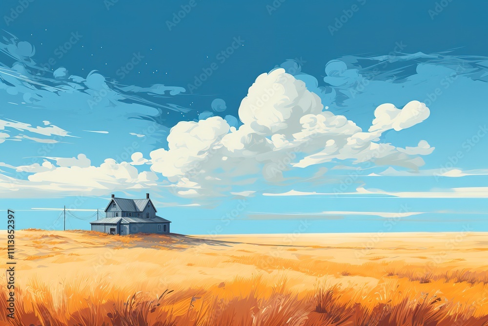 Fototapeta premium Countryside landscape with farm barn, agriculture field and houses in fall. Vector cartoon illustration of autumn scene, farmland with granary, road, fence and orange trees and bushes 