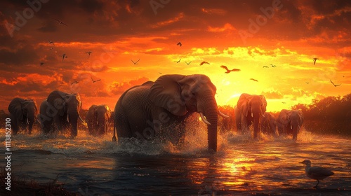 A herd of elephants crossing a river, with the majestic creatures drinking and splashing in the water. The sun sets behind them photo