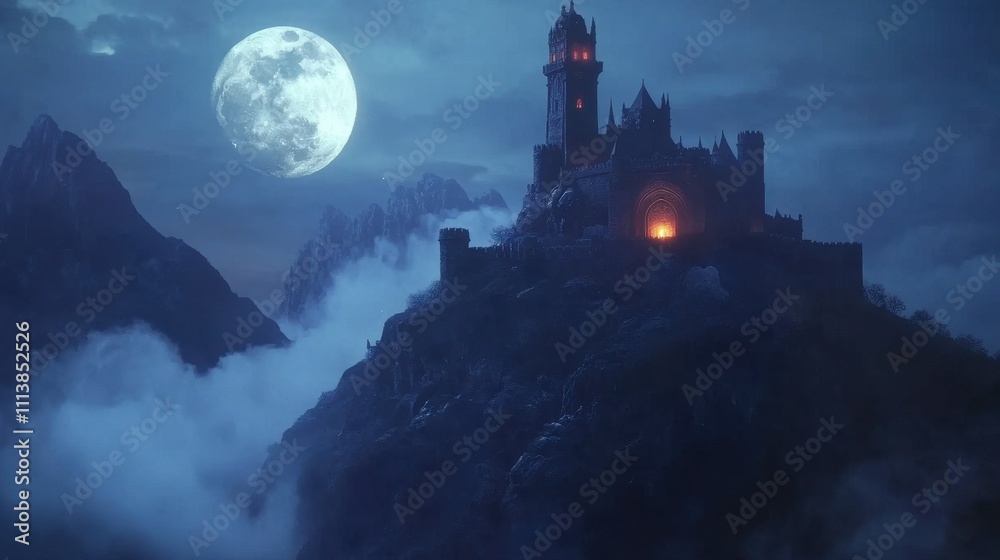 Naklejka premium Majestic Castle Under the Moonlit Night Sky
