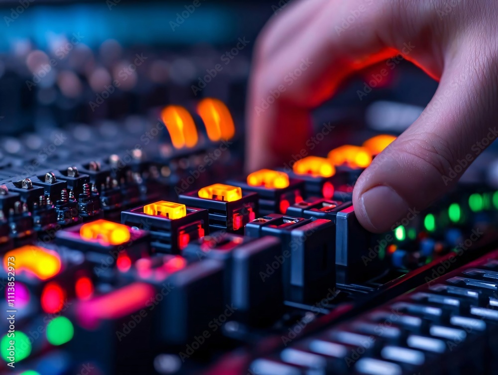 A close-up of hands adjusting colorful sound mixer controls, showcasing the art of music production. A close-up of hands adjusting colorful sound mixer controls, showcasing the art of music production.