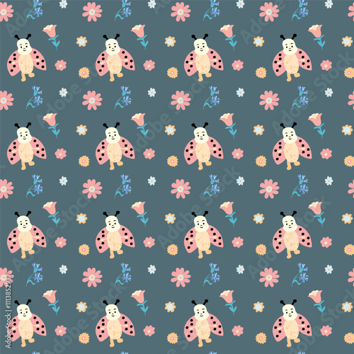 Seamless Pattern With Cute Ladybugs And Wildflowers On Blue Background