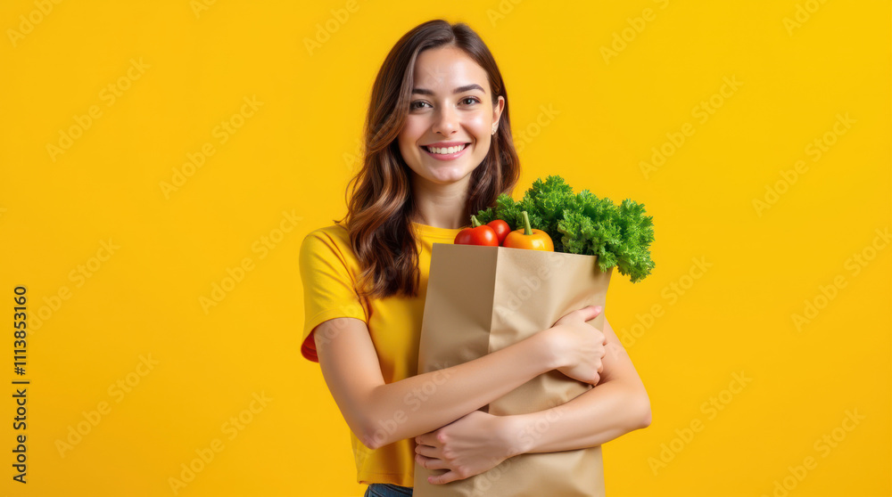 Young Woman Happily Holding a Grocery Bag Full of Vegetables in Bright Setting