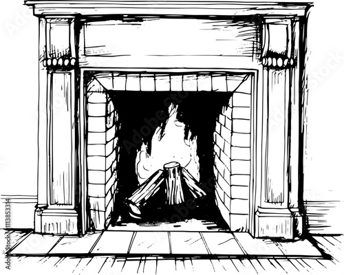 Cozy fireplace, sketch illustration.