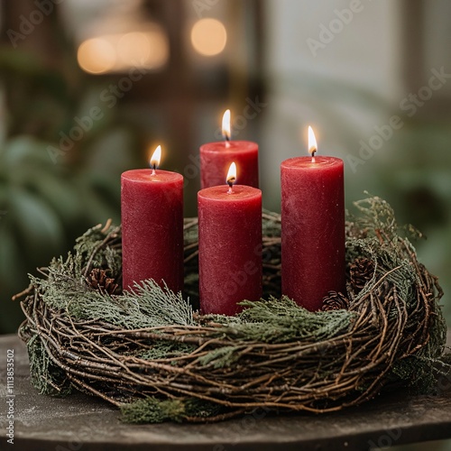 Red candles in a rustic twig wreath with evergreen accents
