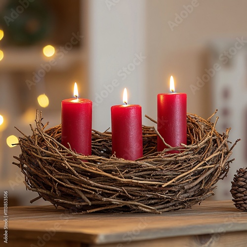Red candles in a rustic twig wreath on a wooden table