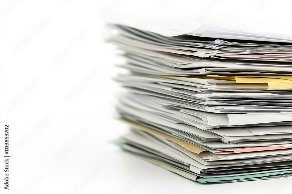Stacked pile of various papers on white background Stacked pile of various papers on white background