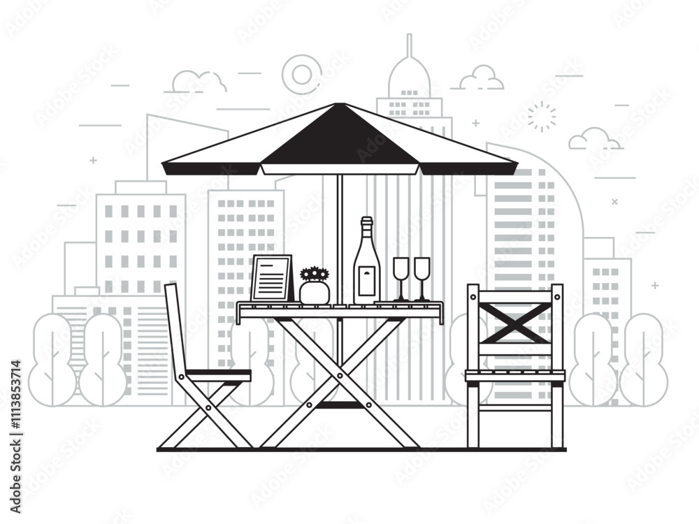 Summer Cafe Dinner Table on City Background