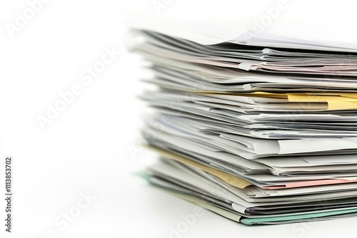 Stacked pile of various papers on white background