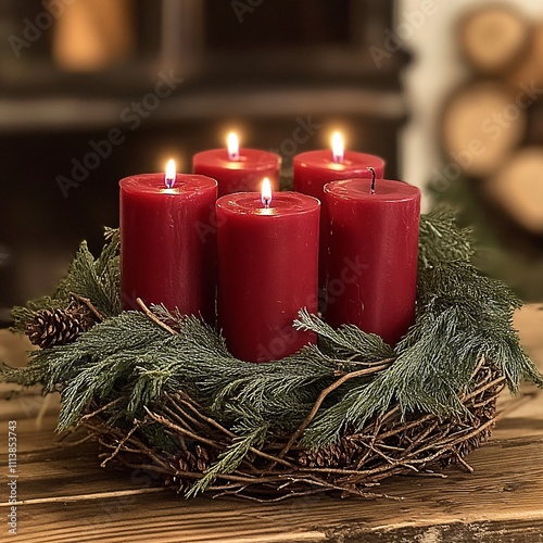 Red candles in a twig wreath with evergreen and pinecones