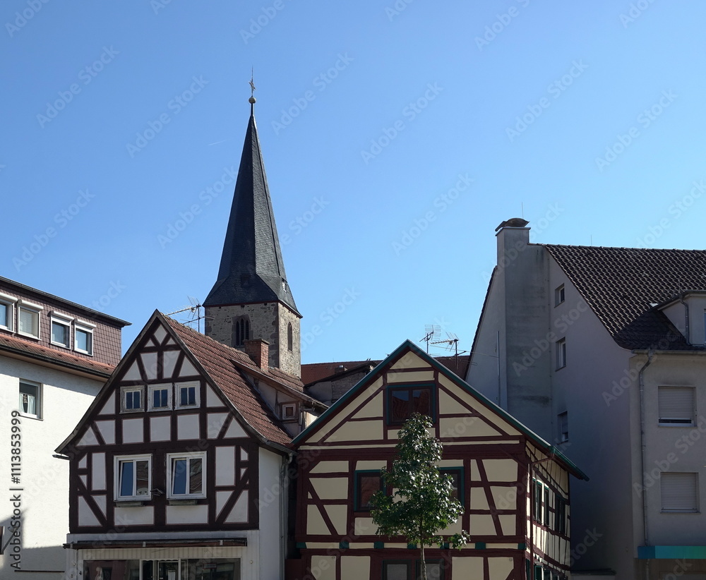 Fachwerkhaeuser und Kirche in Schluechtern Fachwerkhaeuser und Kirche in Schluechtern