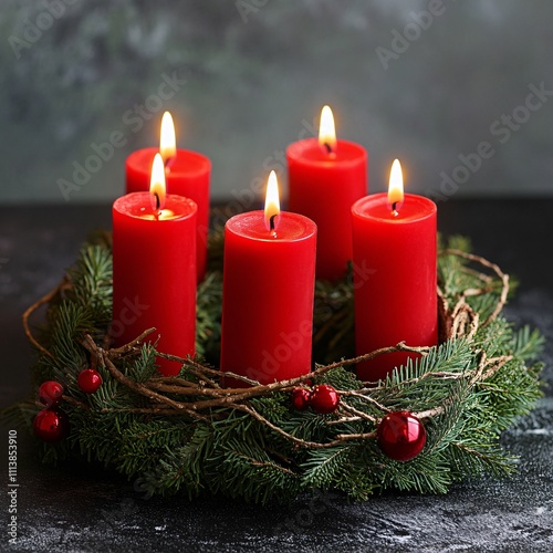 Red candles in an evergreen wreath with berry accents