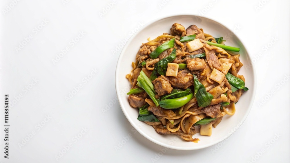 Stir-fried Noodles with Meat, Vegetables, and Brown Sauce on a White Plate Stir-fried Noodles with Meat, Vegetables, and Brown Sauce on a White Plate