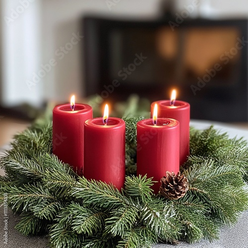 Red candles in a classic evergreen wreath with pinecones