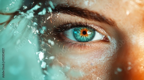 A striking close-up of an eye surrounded by icy shards, representing resilience and introspection in a world of cold and challenging circumstances. photo