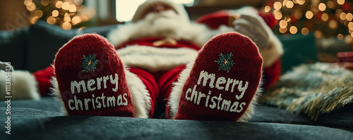 Closeup of funny socks of lying Santa with Merry Christmas text. Christmas tree and presents in background. Shallow depth of field..