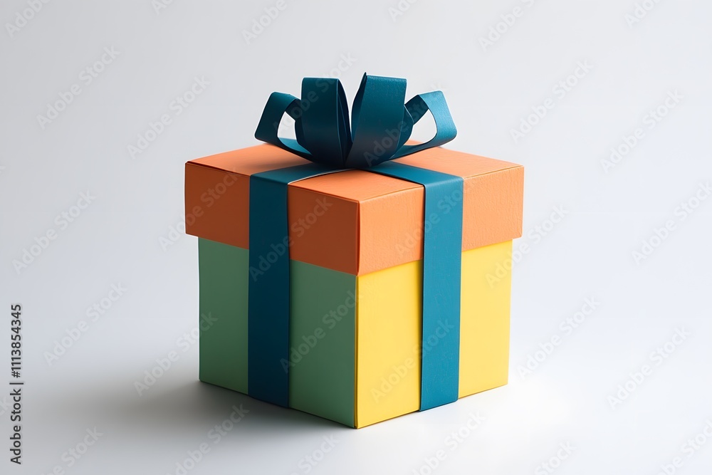 Striped Green Yellow Ornage Gift Box with Deep Blue ribbon on Soft Grey Background. Shopping, Special offer Striped Green Yellow Ornage Gift Box with Deep Blue ribbon on Soft Grey Background. Shopping, Special offer