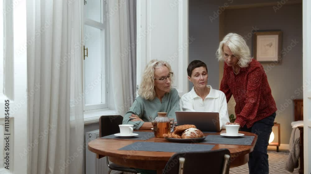 Three elderly women gather at home to spend time together and chill. Elegance blonde senior women use laptop computer and discuss. Female aged friends typing on keyboard and pointing at screen Three elderly women gather at home to spend time together and chill. Elegance blonde senior women use laptop computer and discuss. Female aged friends typing on keyboard and pointing at screen