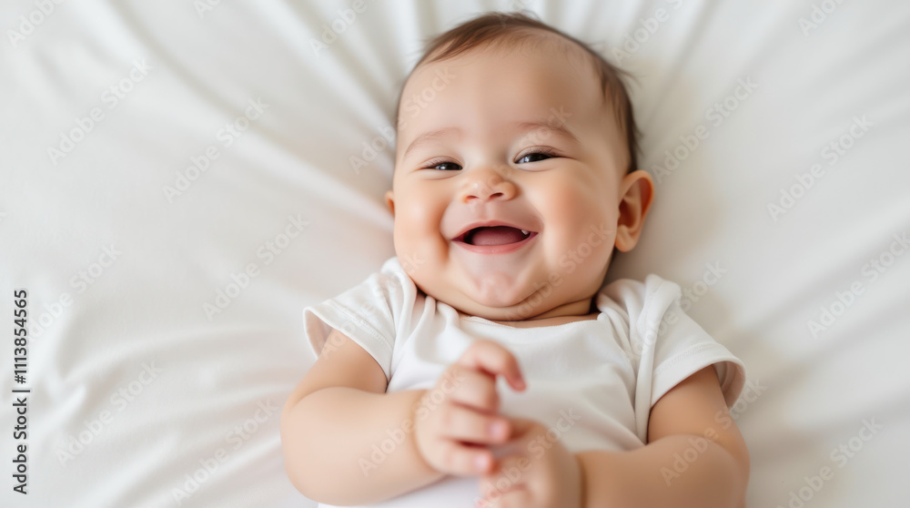Happy Baby Lying on Soft White Blanket With Joyful Expression Happy Baby Lying on Soft White Blanket With Joyful Expression