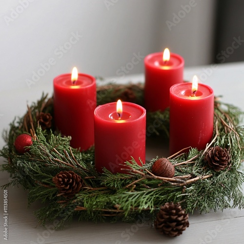 Red candles in an evergreen wreath with pinecones and berries