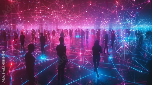 Silhouetted figures interconnected within a vibrant, neon-lit digital network.