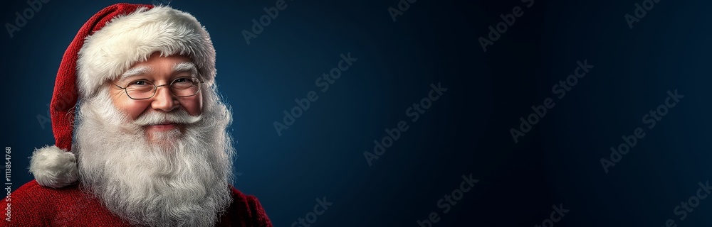 Christmas banner with smiling kind adorable santa on a solid smooth dark blue background Christmas banner with smiling kind adorable santa on a solid smooth dark blue background