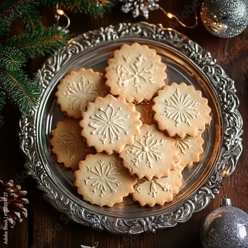 Christmas cookies with snowflake patterns on ornate silver tray