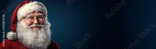 Christmas banner with smiling kind adorable santa on a solid smooth dark blue background