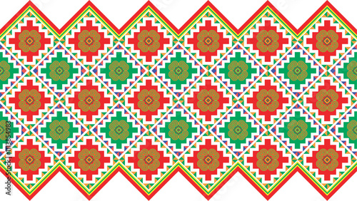 Hmong ethnic fabric pattern designed in the style of white Hmong, green and red.