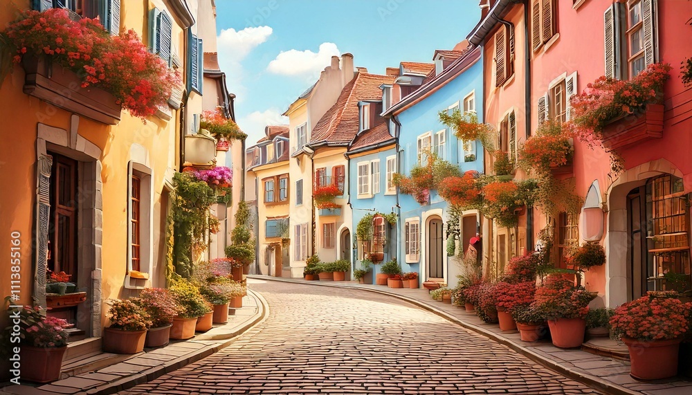 Obraz premium Illustration of a charming European street with cobblestone paths, flower pots, and pastel buildings.