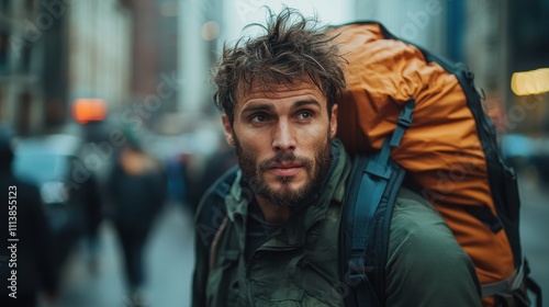 A rugged traveler with a large orange backpack walks through a busy city street, capturing the spirit of adventure and exploration amidst urban life. photo