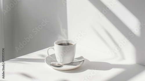 A serene morning scene with a minimalist touch, featuring a clean white table holding a single white ceramic mug filled with steaming black coffee.