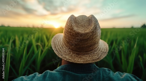 A lone individual with a cowboy hat stands with their back to the camera in a field, watching the sunrise, symbolizing hope, reflection, and connection to nature. photo