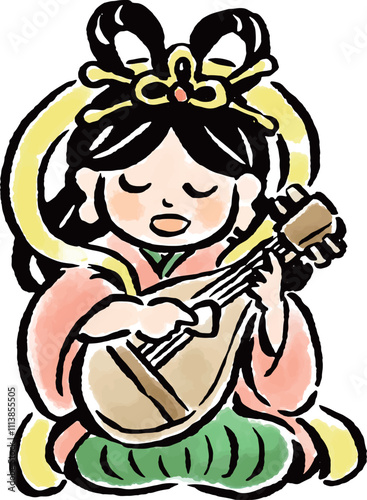 座って琵琶を演奏する弁財天　筆タッチ手描きイラスト