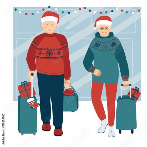 A couple of happy elderly people arrived with Christmas gifts. Colored cartoon vector poster.